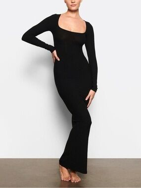SKIMS Black Long-Sleeve Scoop-Neck Maxi Dress